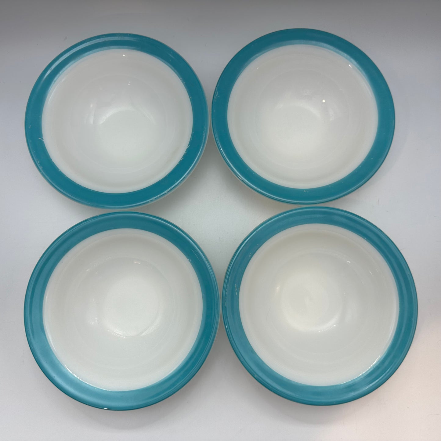 Pyrex Milk Glass Bowls, With Aqua Trim,  6.25", Set of 4