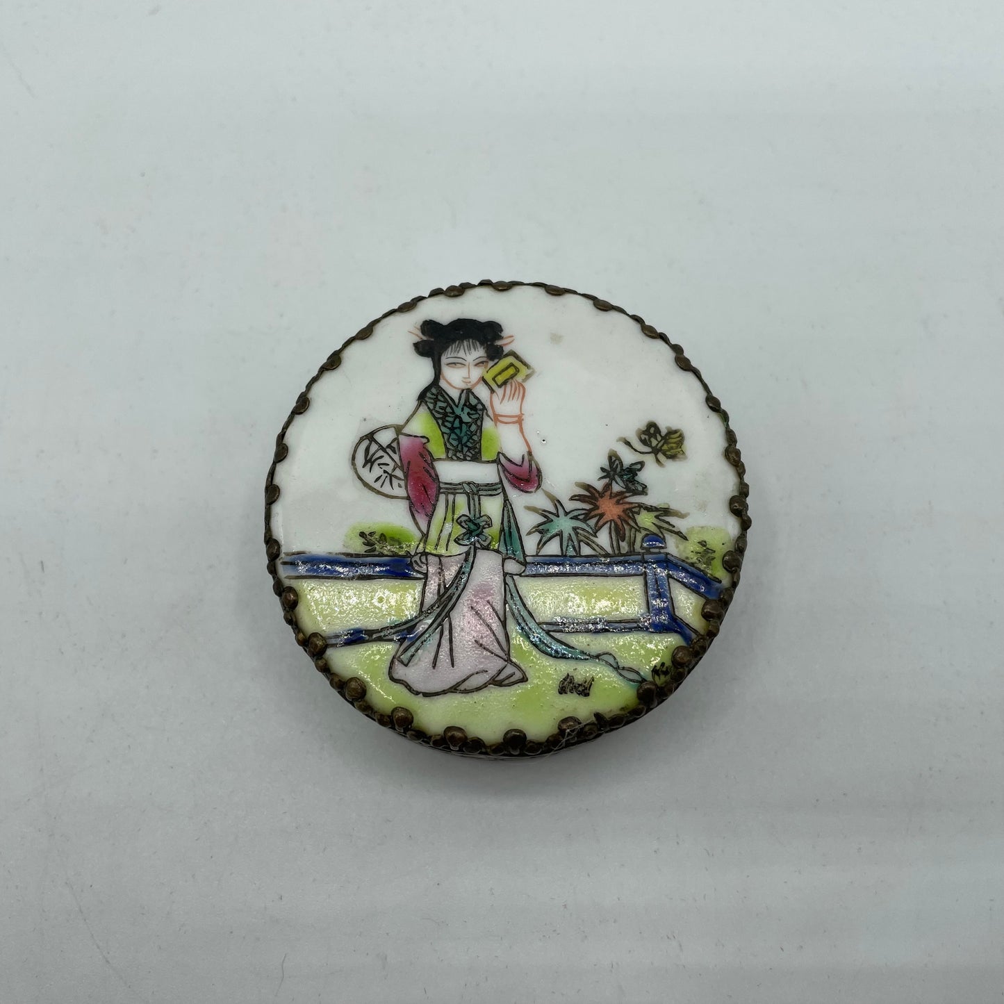 Geisha Silver Plated Pill Box, Hand Painted With Mirror