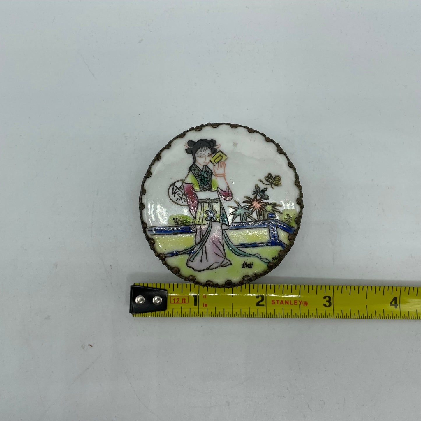 Geisha Silver Plated Pill Box, Hand Painted With Mirror