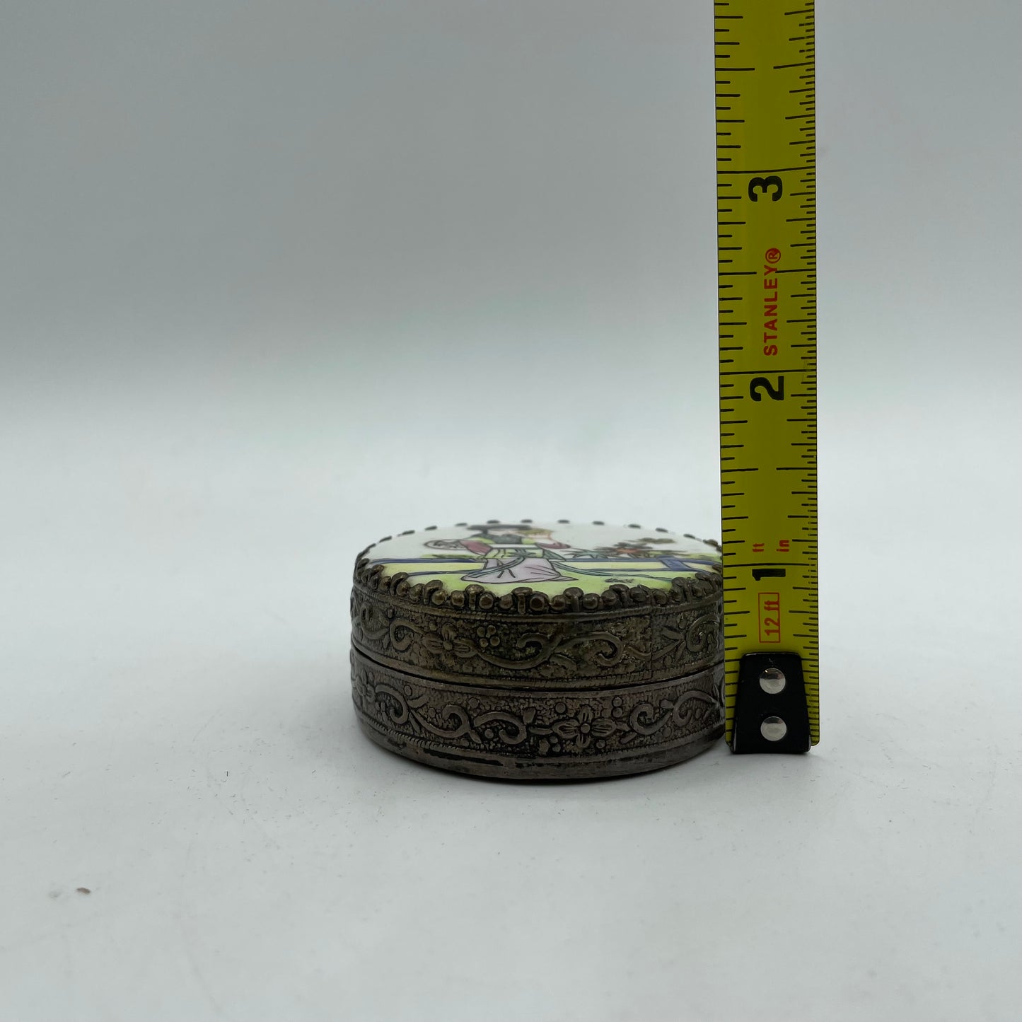 Geisha Silver Plated Pill Box, Hand Painted With Mirror
