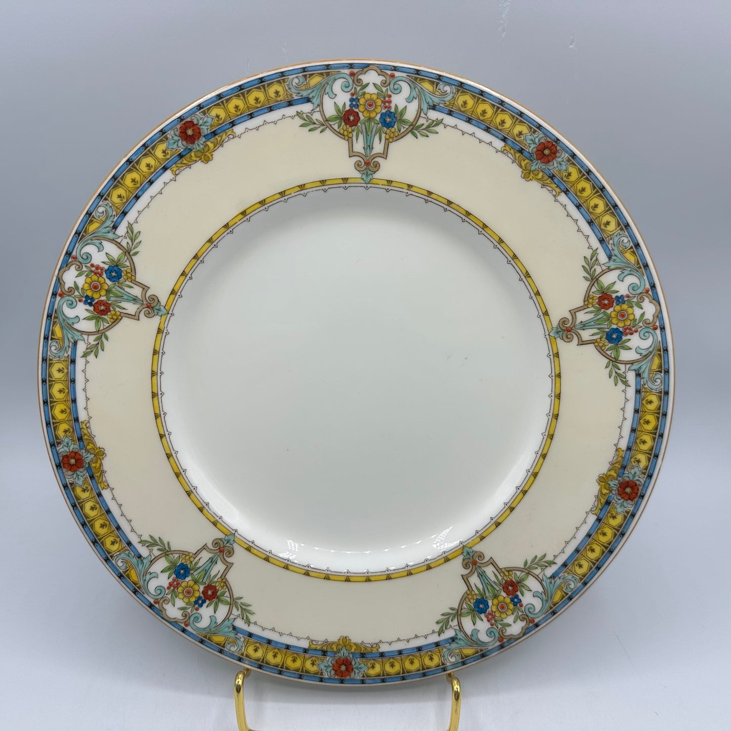 Minton China Dinner Plate, Floral Pattern with Yellow Rim