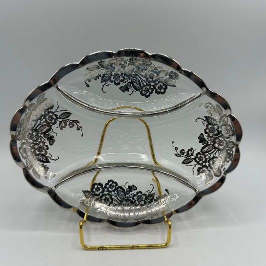 Silver City Blossom Time Silver Overlay Divided Glass Relish Tray