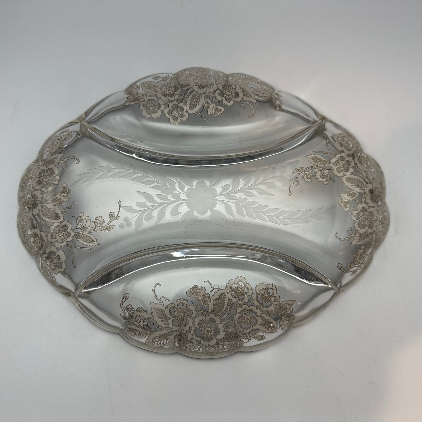 Silver City Blossom Time Silver Overlay Divided Glass Relish Tray