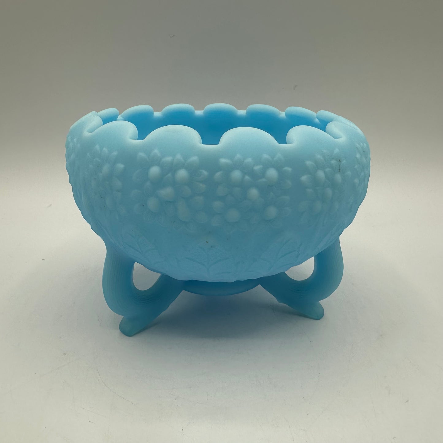 Fenton Tri Footed Blue Satin Orange Tree Rose Bowl