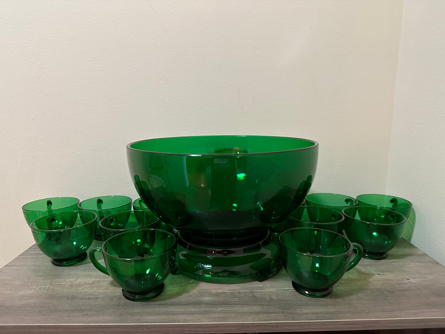 Anchor Hocking Forest Green Punch Bowl Set W/12 Cups and Base