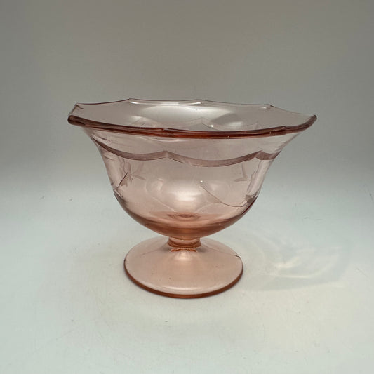 Pink Depression Glass Footed Compote Candy Dish, Floral Etching