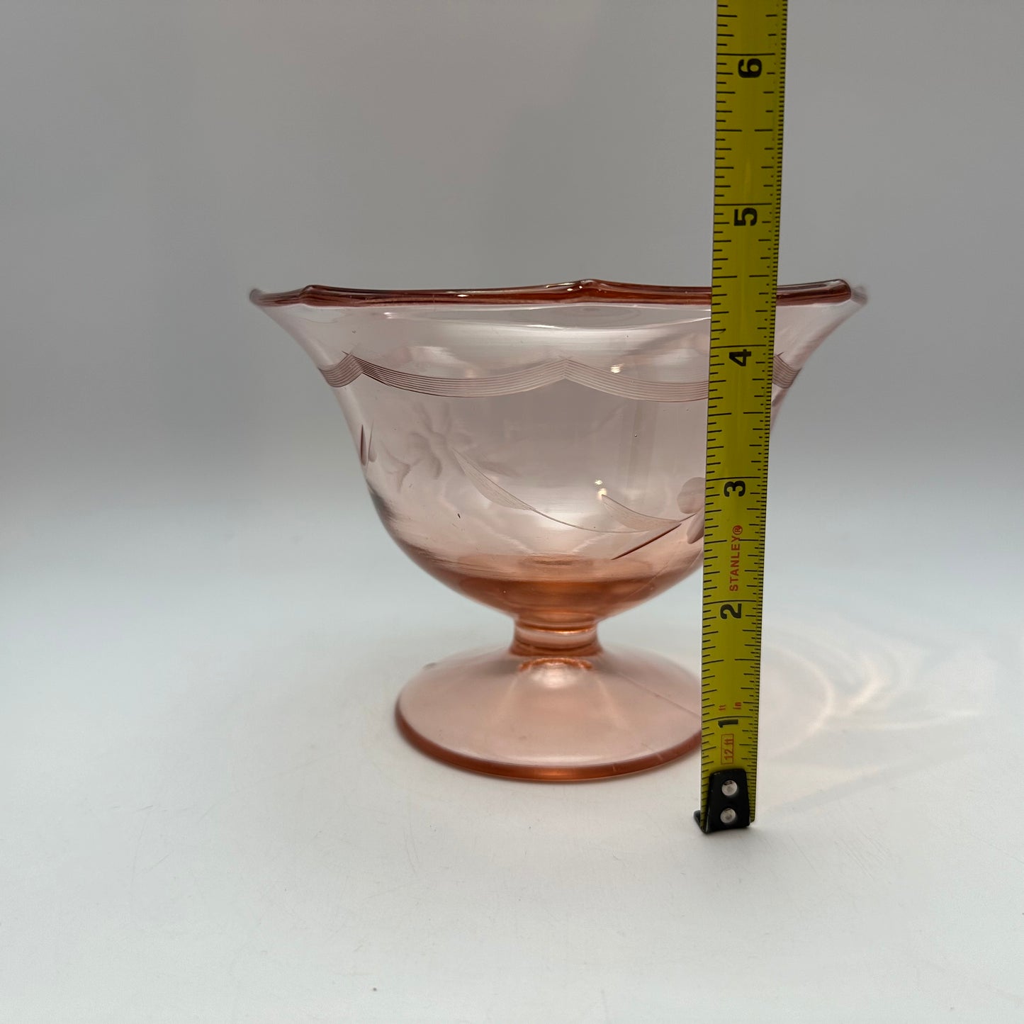 Pink Depression Glass Footed Compote Candy Dish, Floral Etching