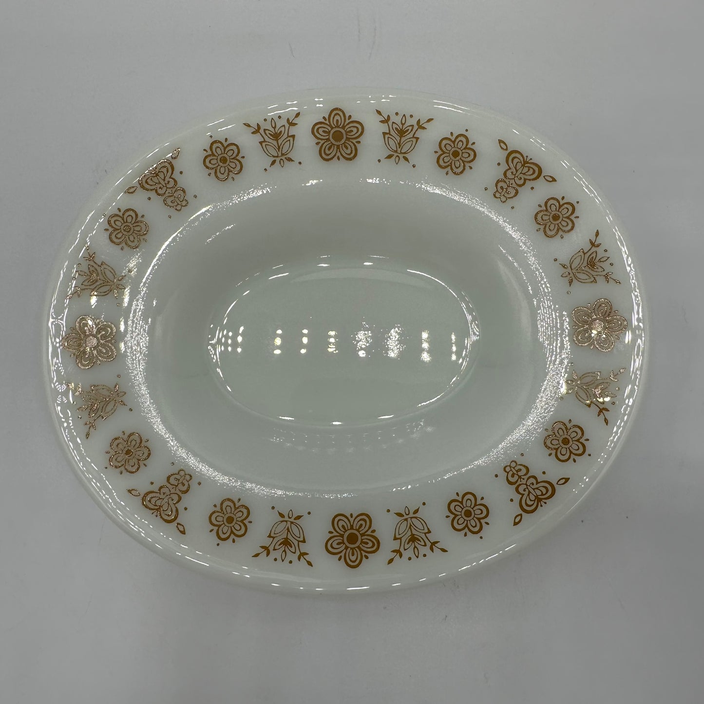 1970s Gold Butterfly Pyrex Milk Glass Gravy Boat & Platter