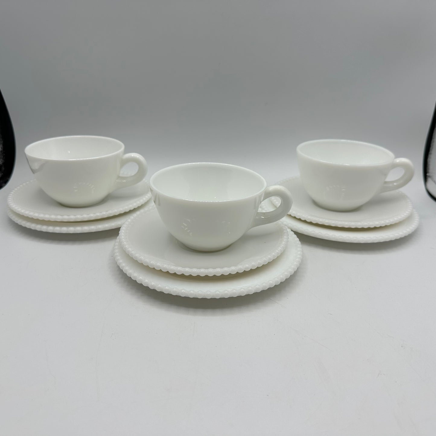 Westmoreland Milk Glass Beaded Edge Cup, Saucer and Plate, Set of 3