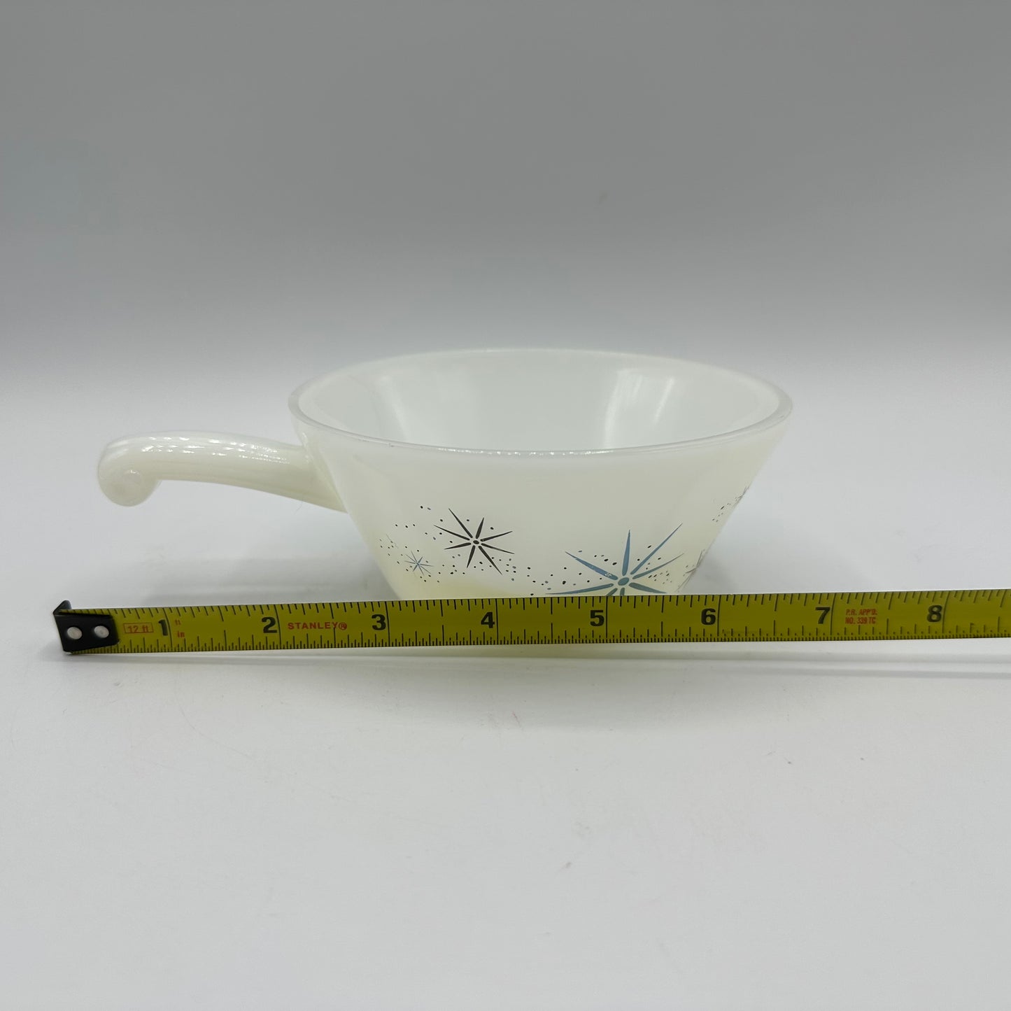 Glasbake Milk Glass Soup Bowls Handled Atomic Starburst, Set of 2