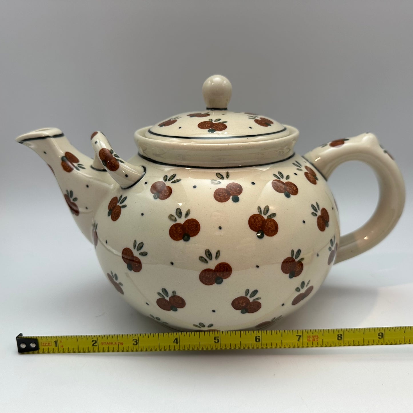 Boleslawiec Polish Pottery Teapot, Cherry Pattern, 6" Tall