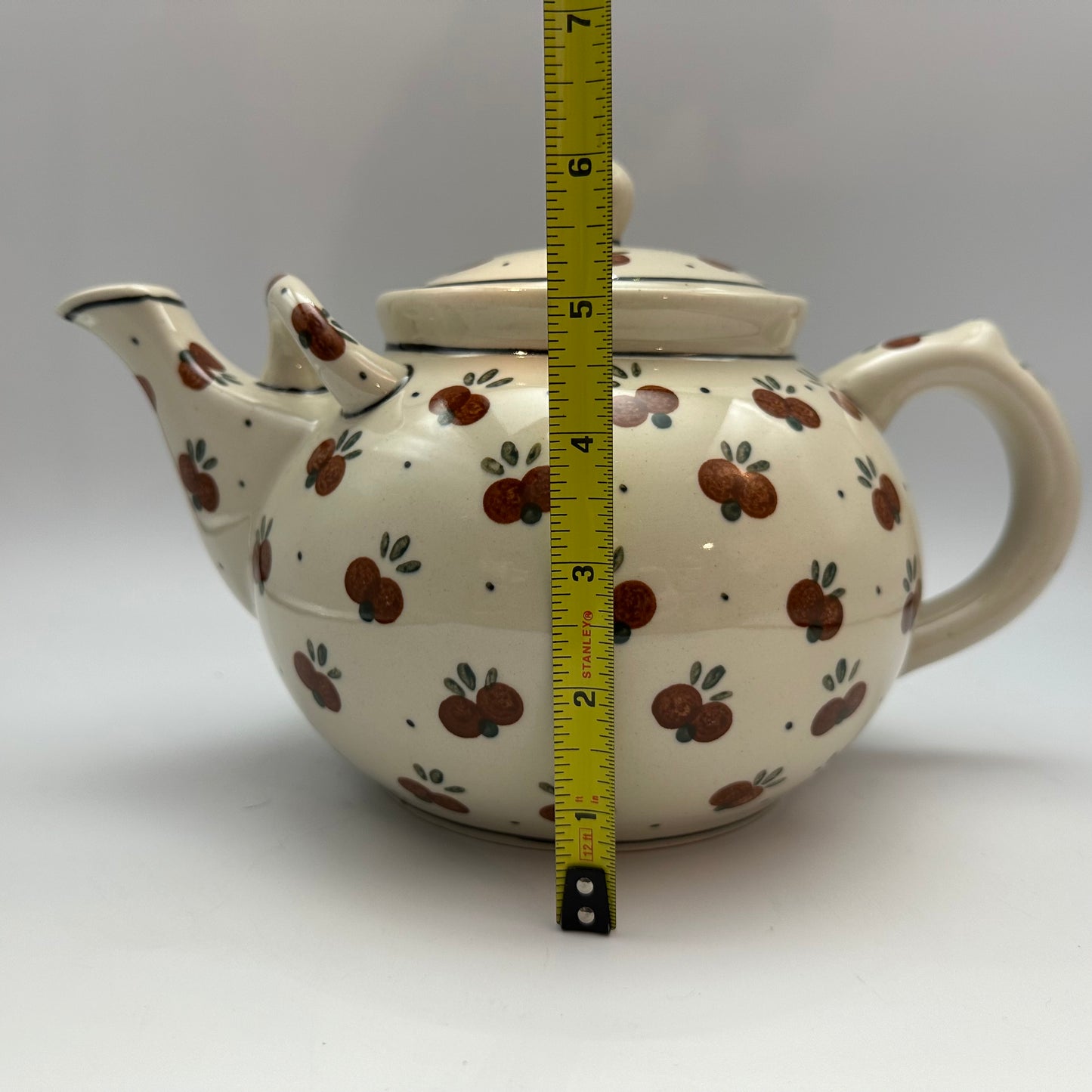 Boleslawiec Polish Pottery Teapot, Cherry Pattern, 6" Tall