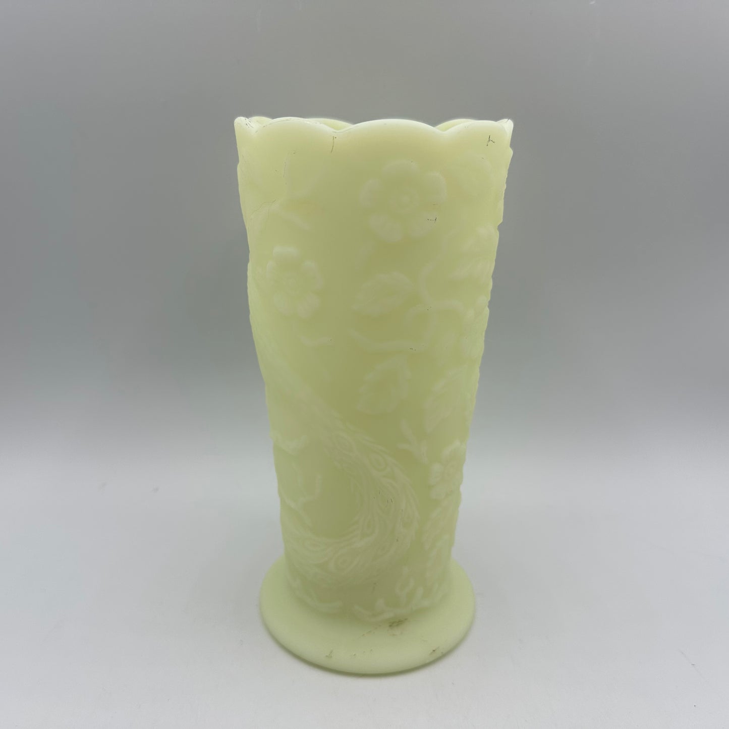 Fenton Satin Custard Peacock Floral Vase