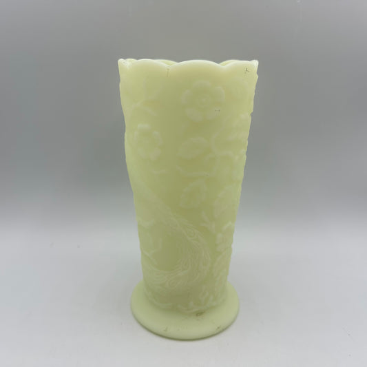 Fenton Satin Custard Peacock Floral Vase