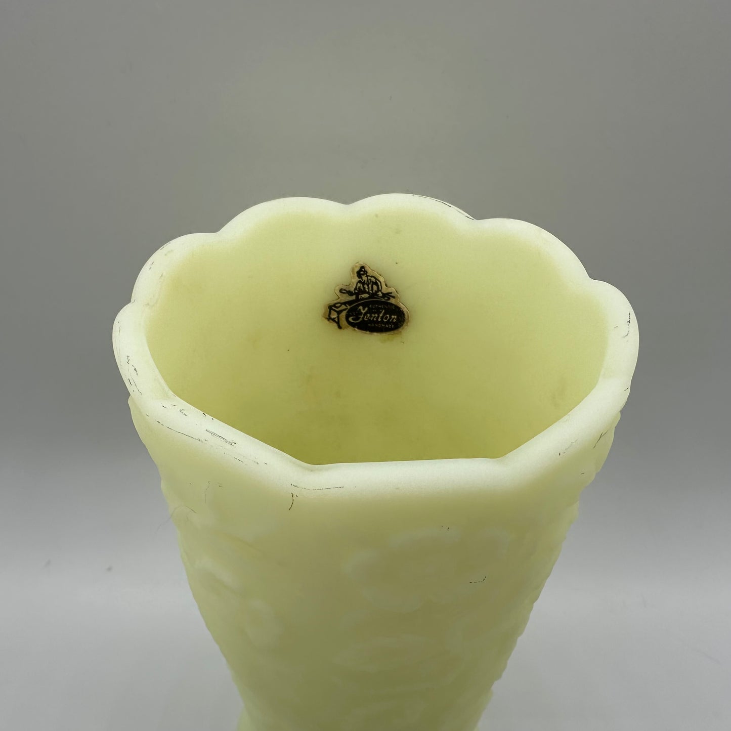 Fenton Satin Custard Peacock Floral Vase