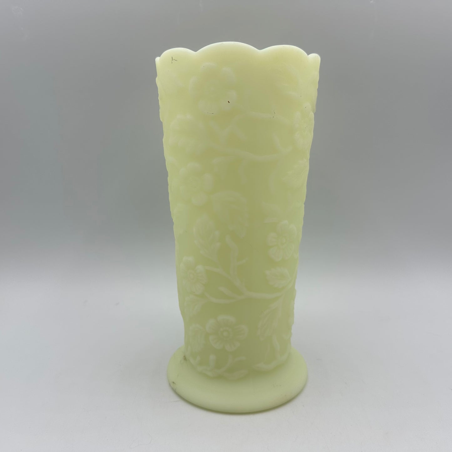 Fenton Satin Custard Peacock Floral Vase