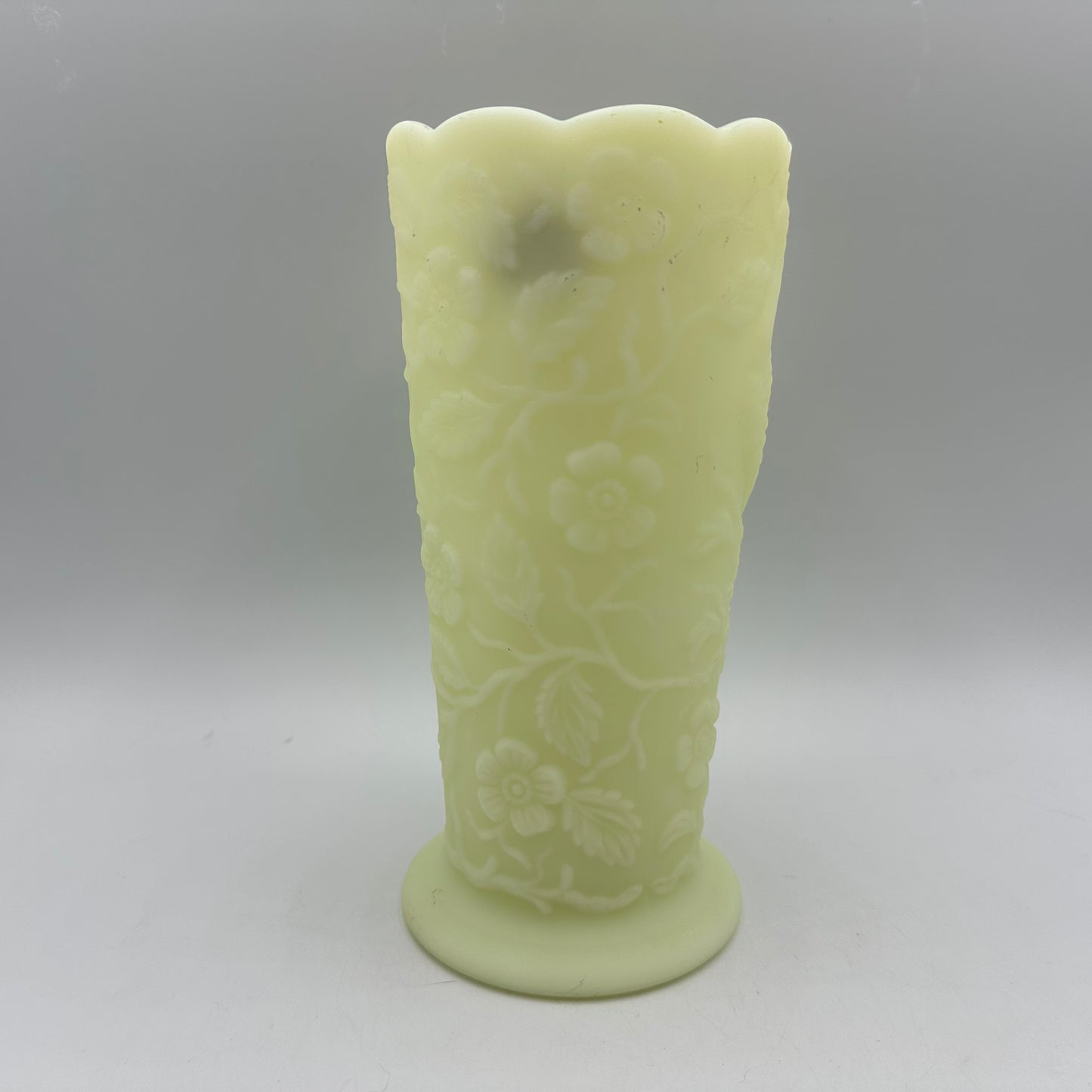 Fenton Satin Custard Peacock Floral Vase