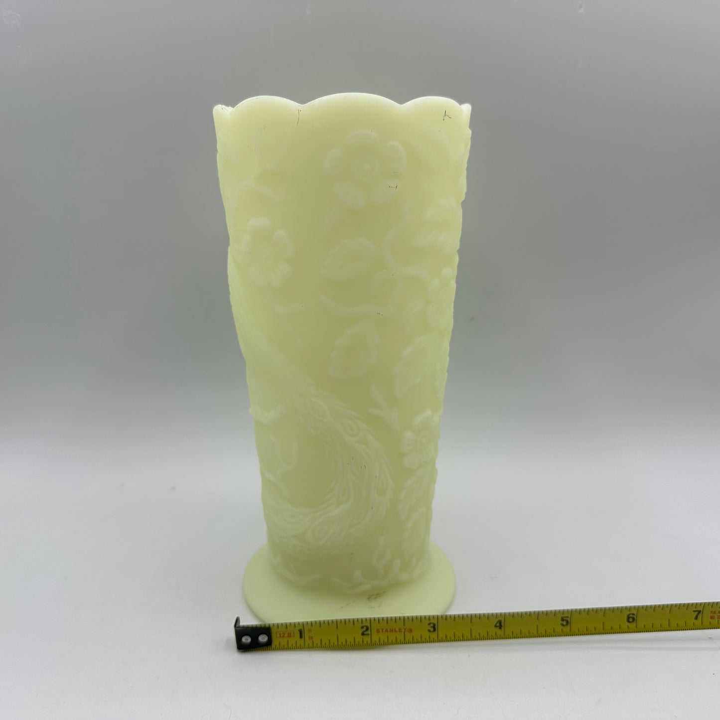 Fenton Satin Custard Peacock Floral Vase