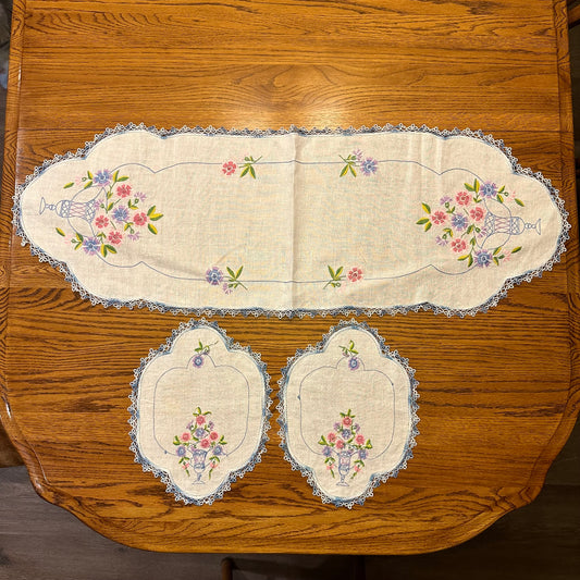 Floral Embroidered Table Runner and Matching Doilies