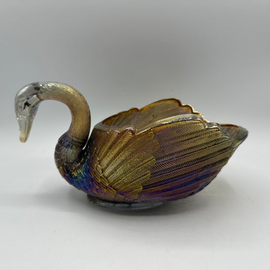Imperial Glass Amethyst Iridescent Carnival Swan Nut Bowl