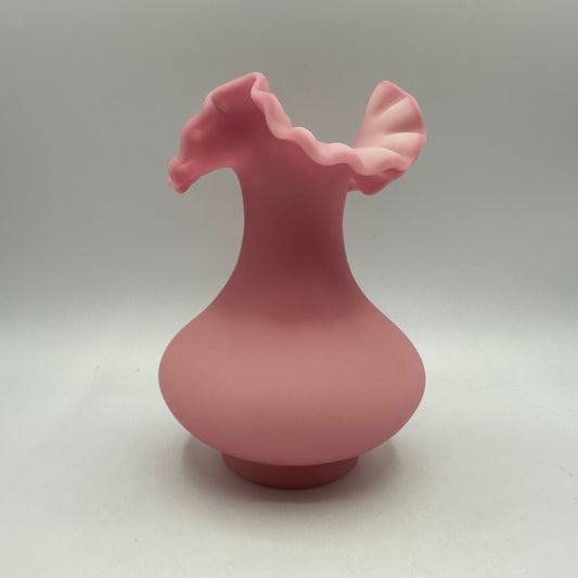 Fenton Pink Satin Glass Vase Ruffled Top