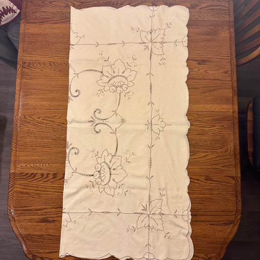 Off White and Tan Tablecloth, Floral Pattern