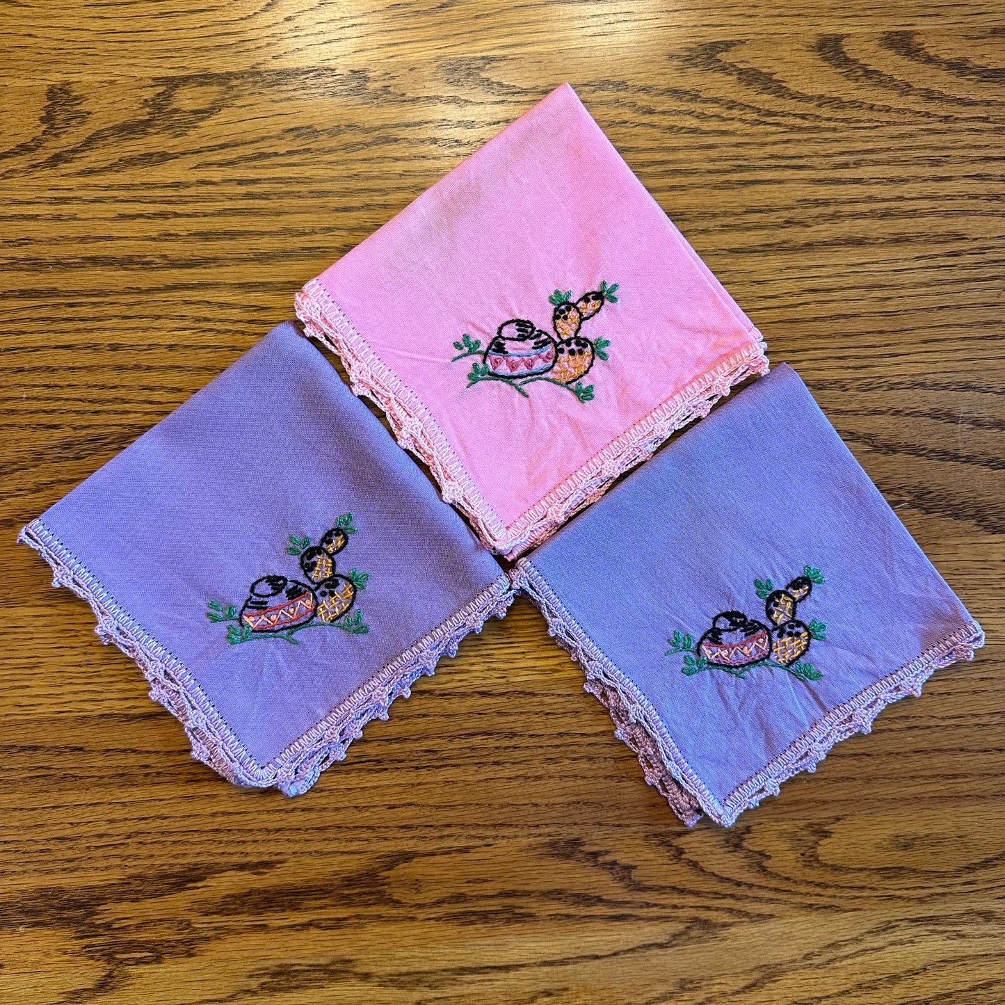 Lot of 3 Hankies with Cactus Design, Pink and Purple