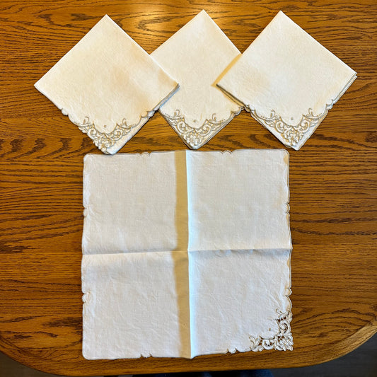 Ivory With Taupe Boarder Linen Napkins, Floral Cutwork Corner Design, Set of 4