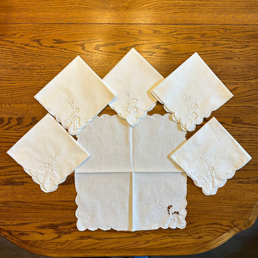 Linen White Napkin, Floral Corner Design, Set of 6