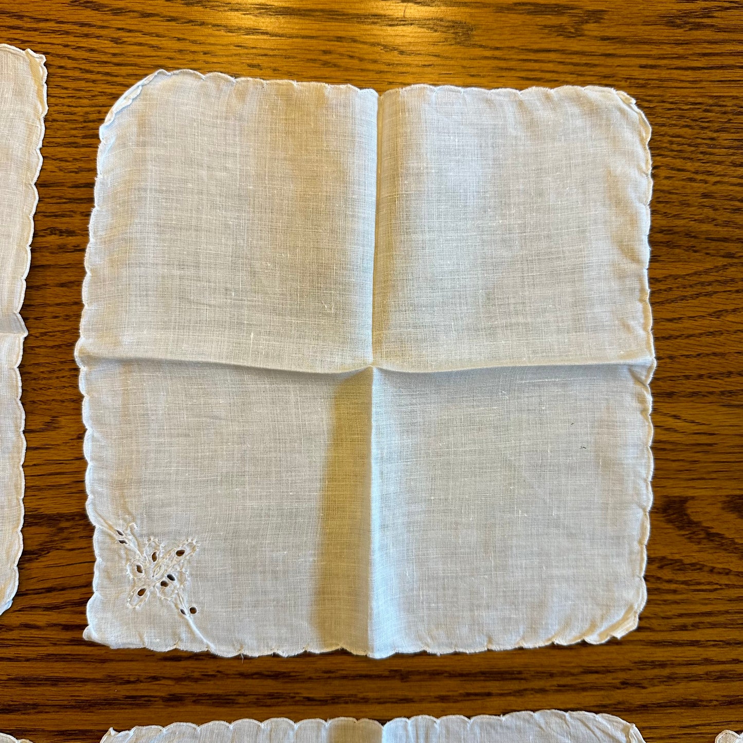 White Cotton Hankies, Floral Embroidery, Set of 5