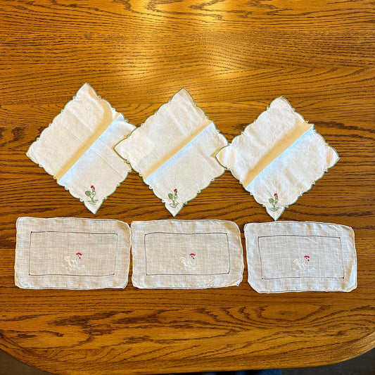 Embroidered Rooster Hankies and Cocktail Napkins, 3 of Each