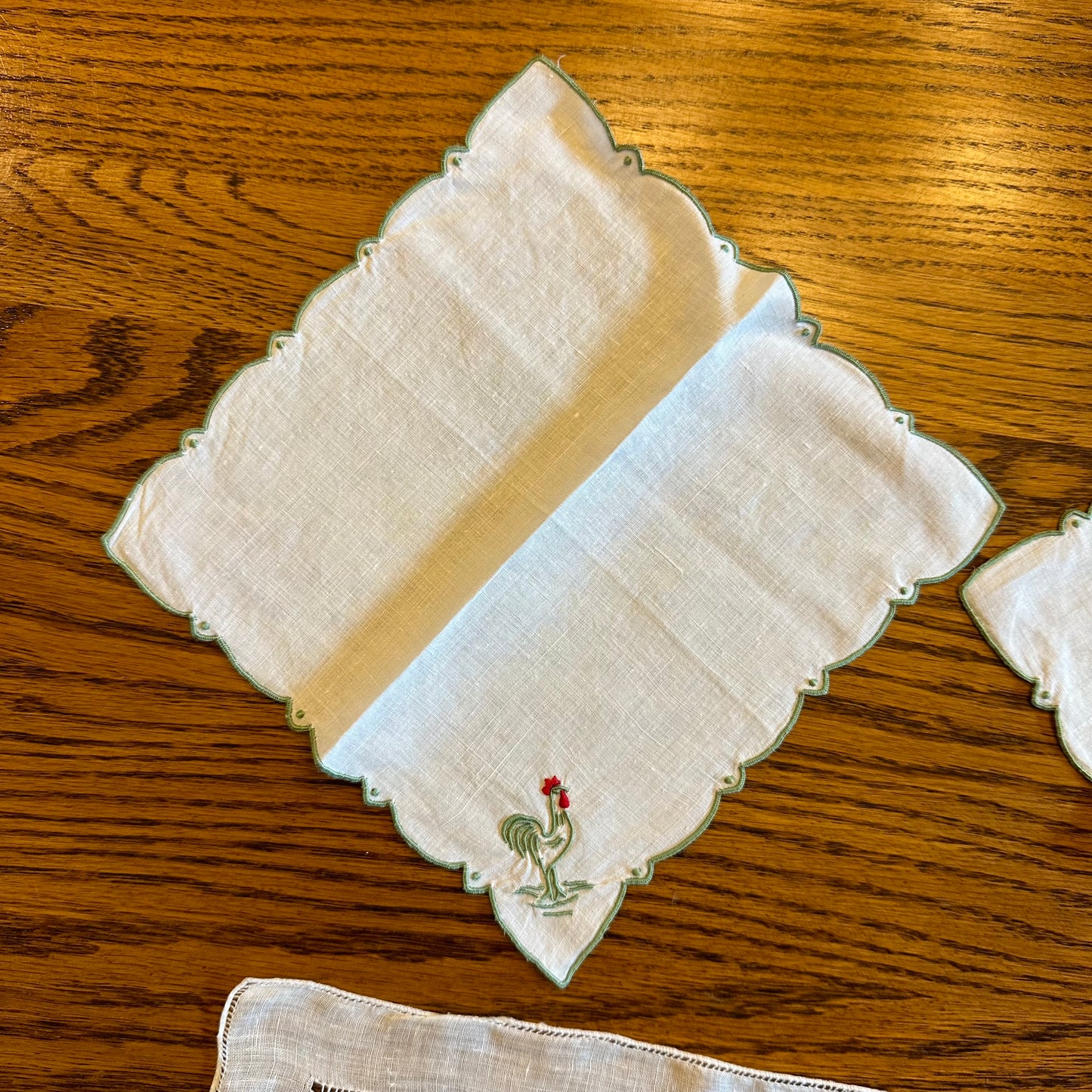 Embroidered Rooster Hankies and Cocktail Napkins, 3 of Each
