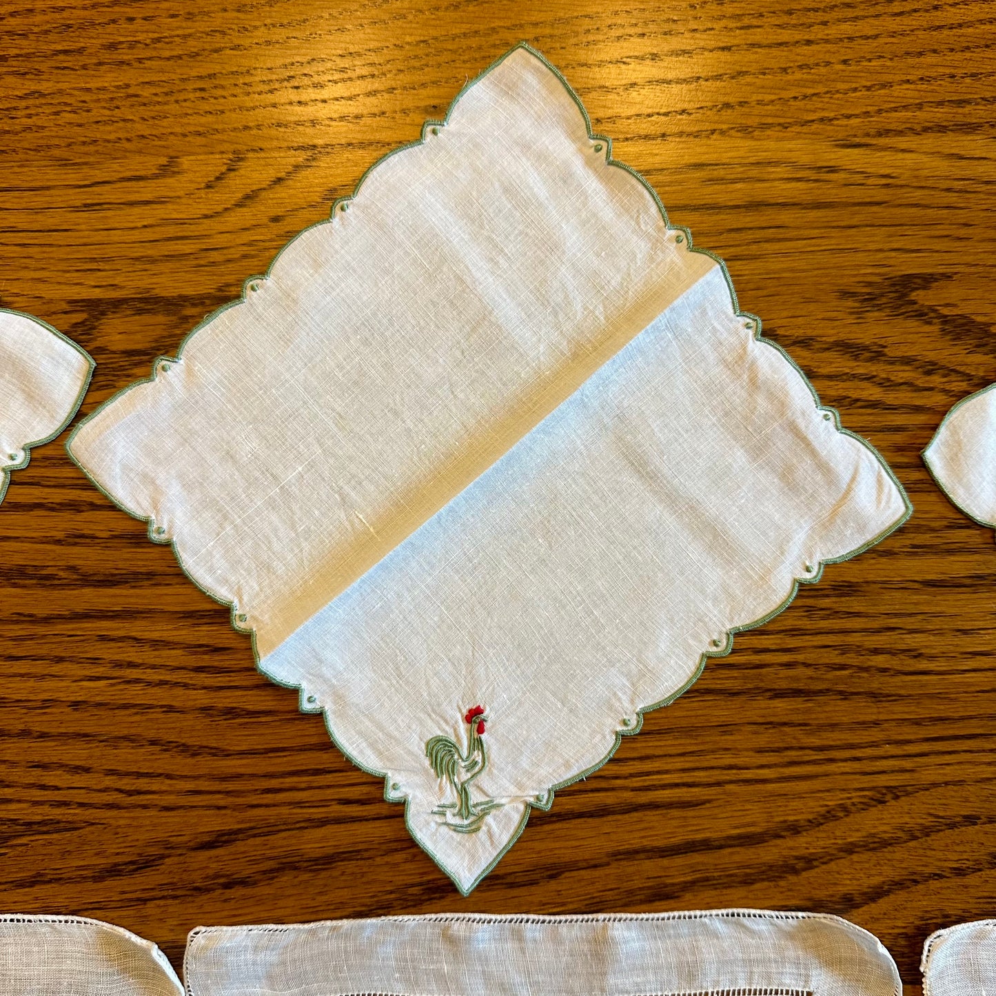 Embroidered Rooster Hankies and Cocktail Napkins, 3 of Each