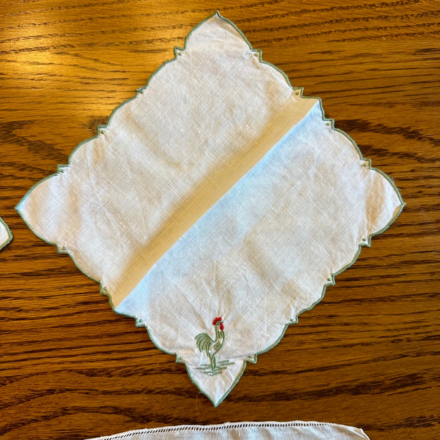 Embroidered Rooster Hankies and Cocktail Napkins, 3 of Each