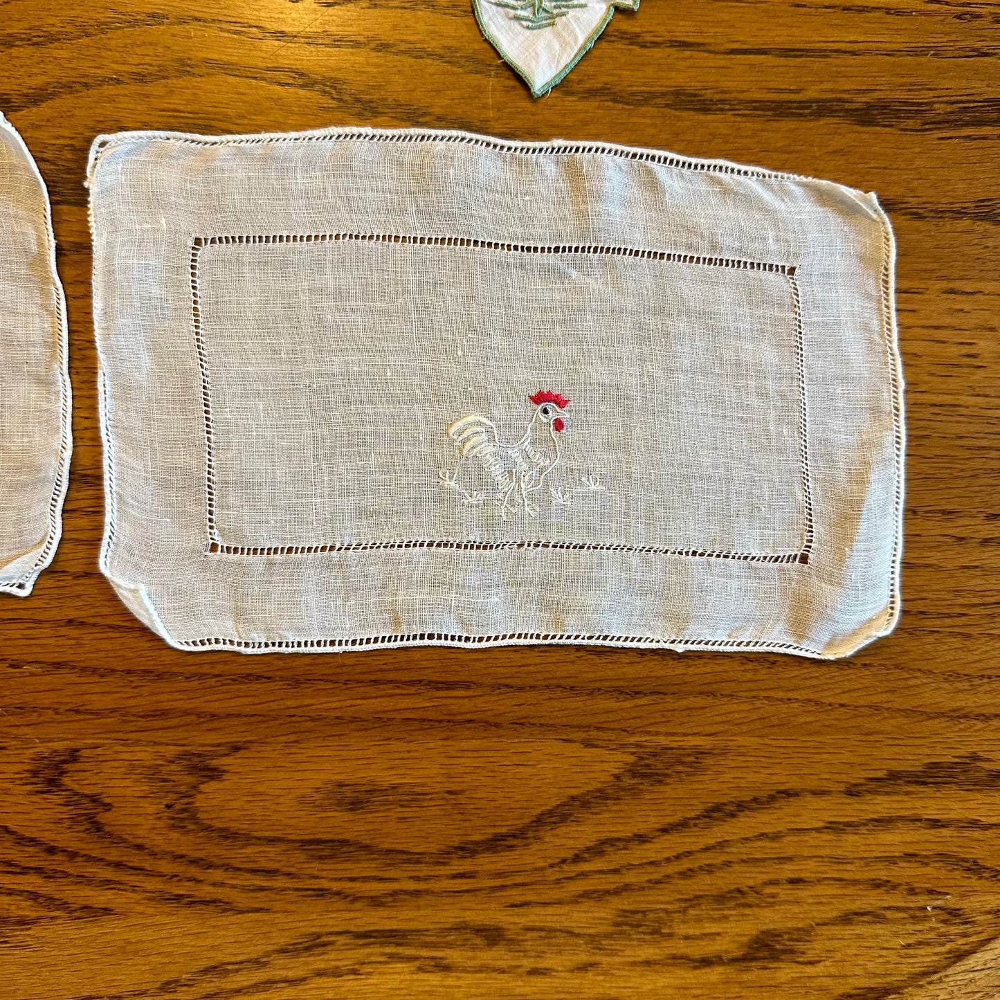 Embroidered Rooster Hankies and Cocktail Napkins, 3 of Each