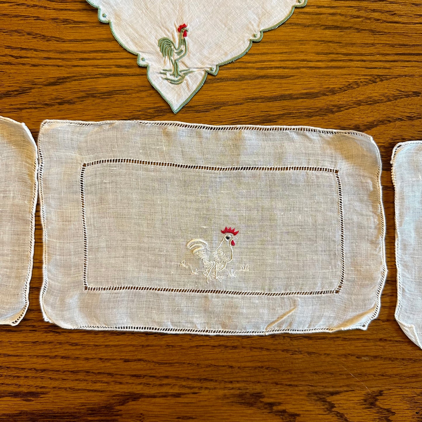 Embroidered Rooster Hankies and Cocktail Napkins, 3 of Each