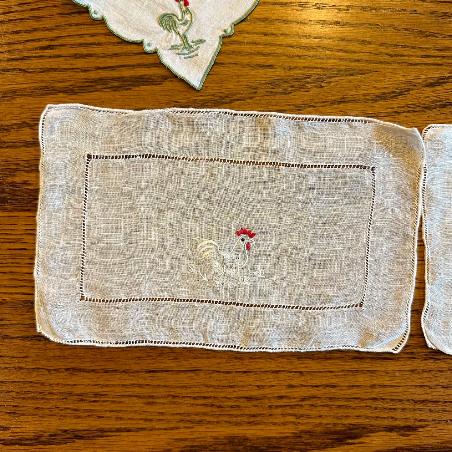 Embroidered Rooster Hankies and Cocktail Napkins, 3 of Each