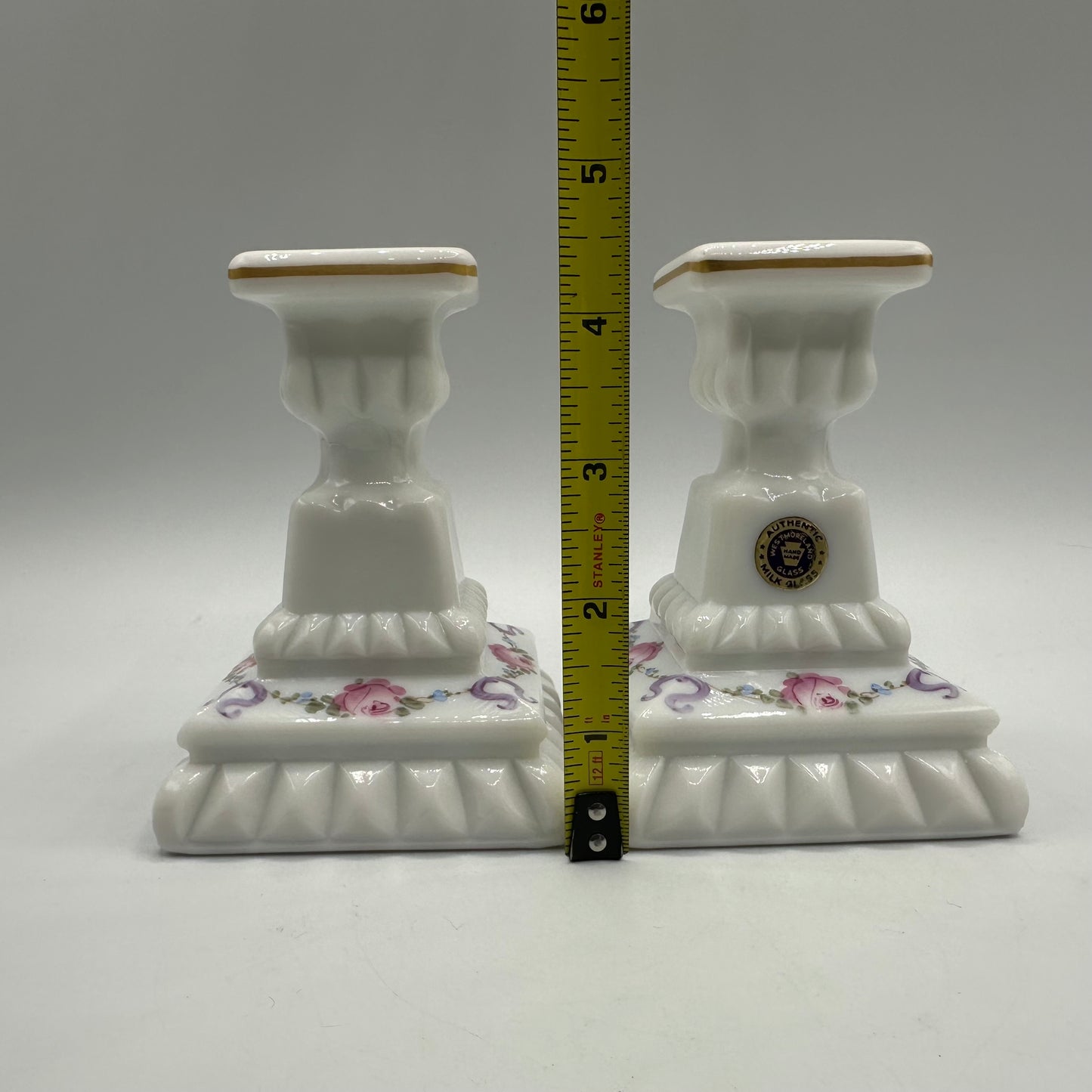 Westmoreland Roses & Bows Hand Painted Candlesticks, Set of 2