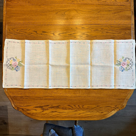 Linen Cross Stitched Runner, Floral Design