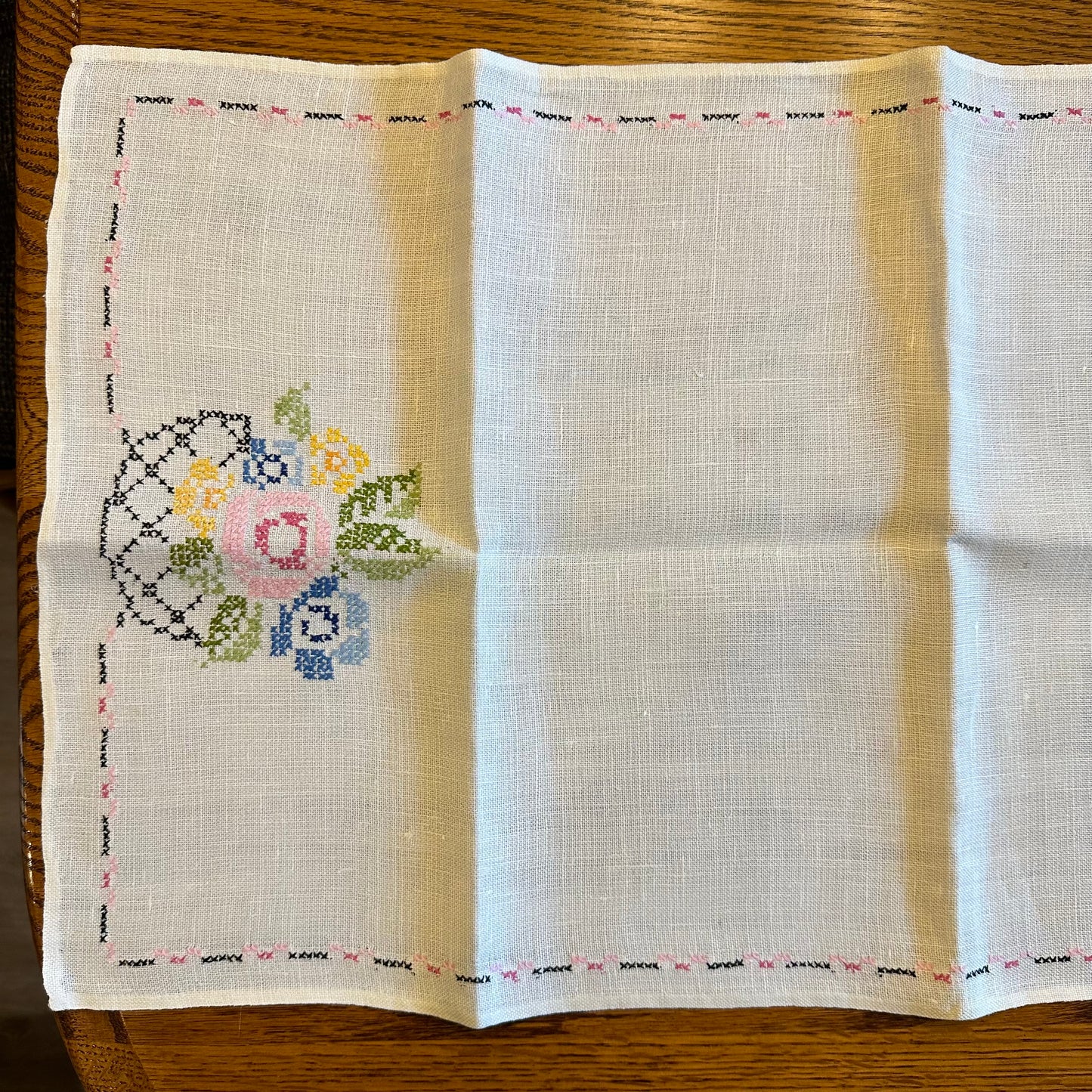 Linen Cross Stitched Runner, Floral Design