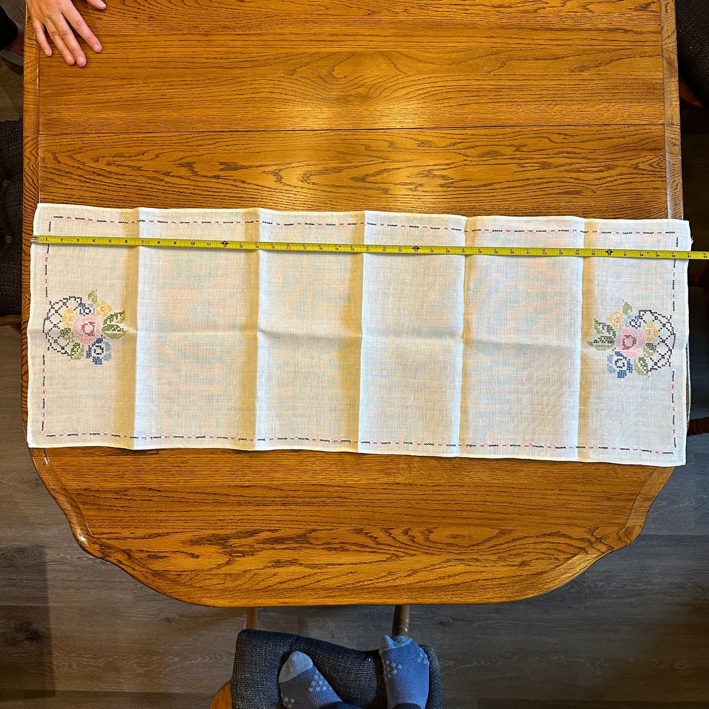 Linen Cross Stitched Runner, Floral Design