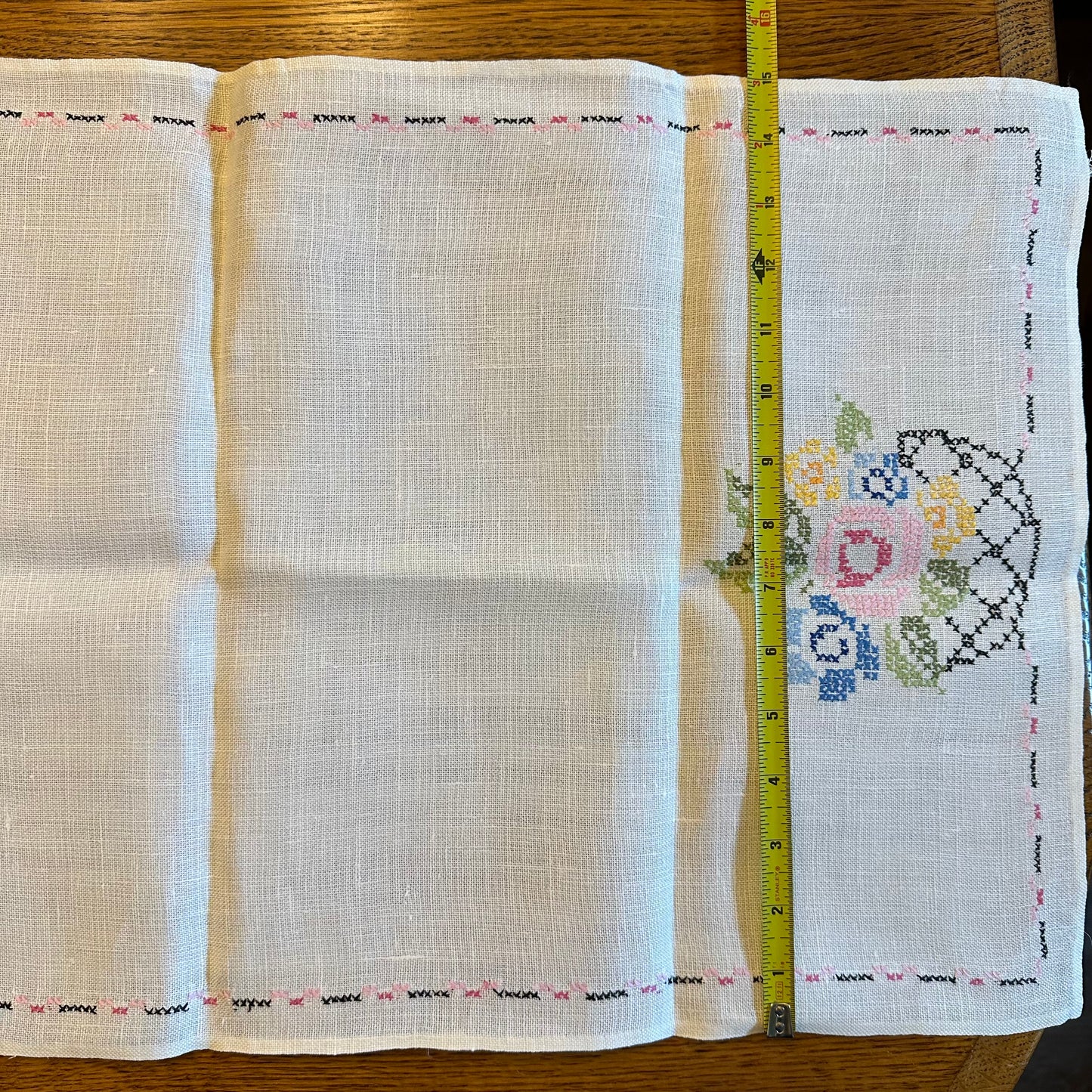 Linen Cross Stitched Runner, Floral Design