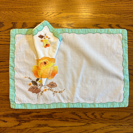 Applique and Embroidered Placemat & Matching Napkin, Floral Design