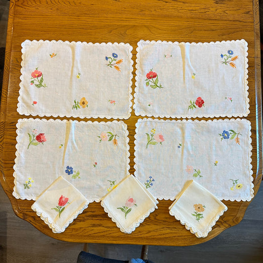 Embroidered Placemats with Matching Napkins, Set of 3 with Extra Placemat