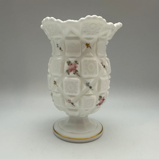 Westmoreland Celery Vase, Old Quilt Pattern Hand Painted Roses