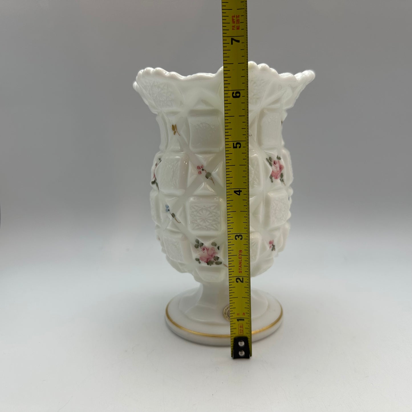 Westmoreland Celery Vase, Old Quilt Pattern Hand Painted Roses