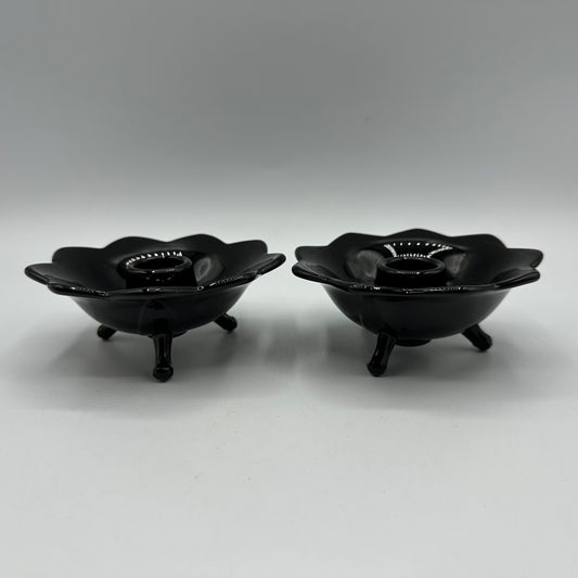 Fenton Black Lotus 3 Footed Candle Holders, Set of 2