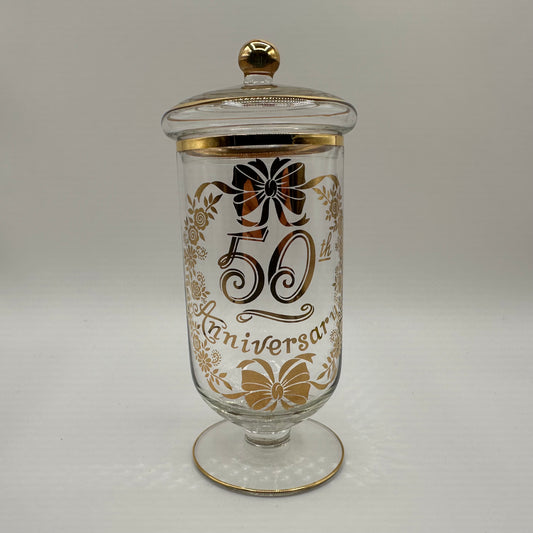 50th Anniversary Glass Lidded Pedestal Jar With Gold Trim, 1974