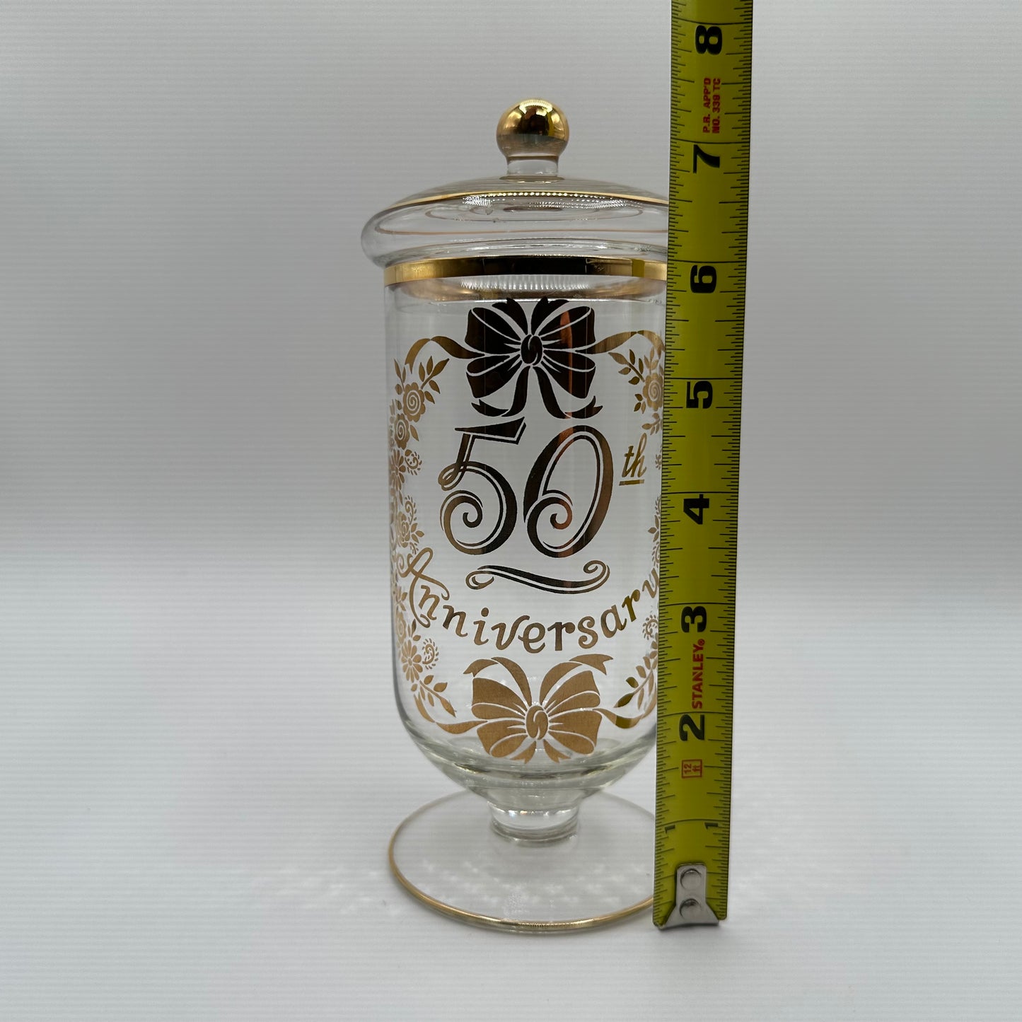 50th Anniversary Glass Lidded Pedestal Jar With Gold Trim, 1974