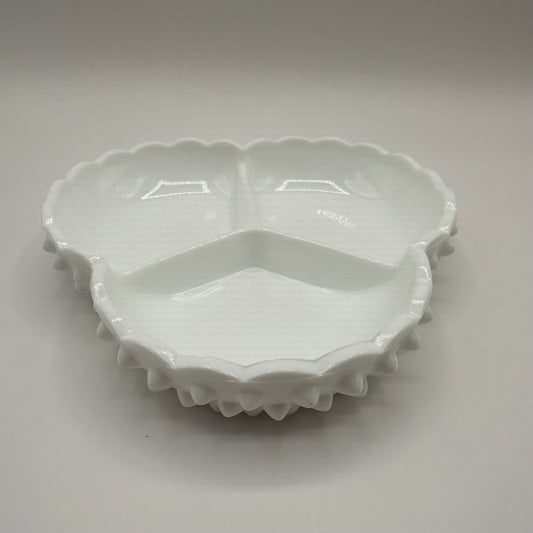 Fenton Milk Glass Hobnail Scalloped Edge Divided Dish